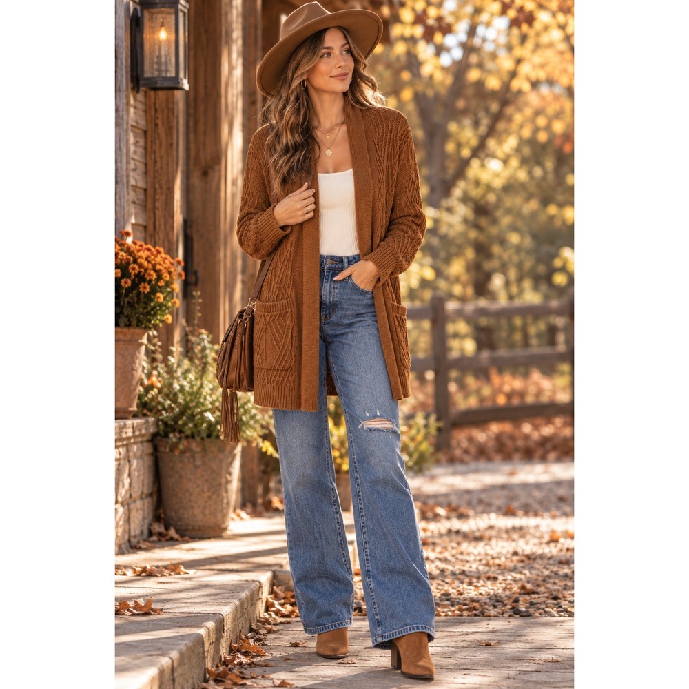St John's Bay Brown Cable Knit Longline Open Cardigan Sweater 100% Cotton M